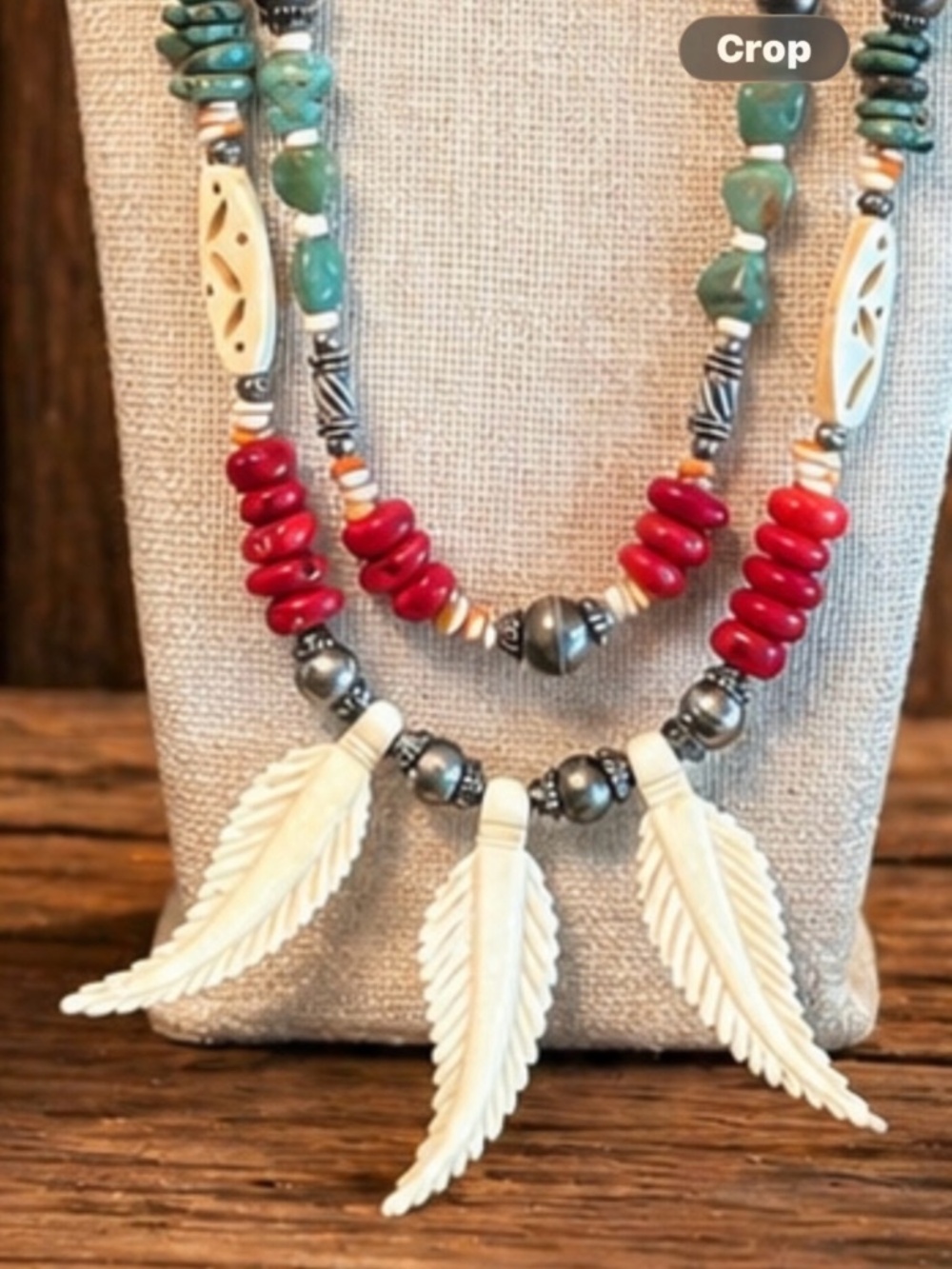 Carved Bone & Leather Chief Necklace w Heish Turquoise, Coral, Spiney Oyster - Picture 6 of 11